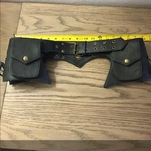 Dark Green Leather Belt with Pouches